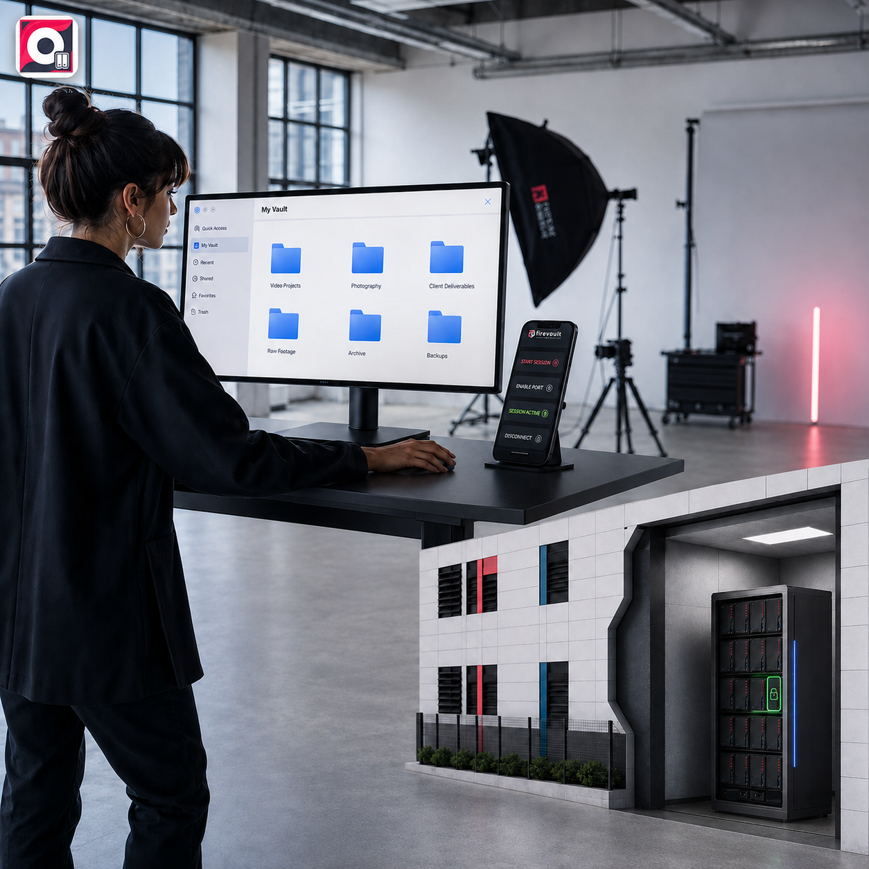 Vault 8TB studio workspace: large desktop file manager with video and photography folders, Firevault mobile session controls, and a secure bunker with an active drive bay