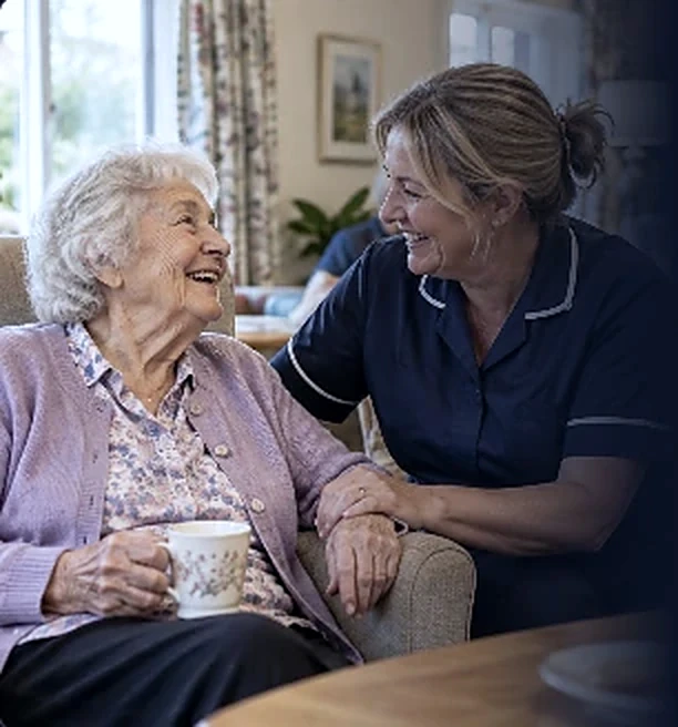 A carer sitting with a smiling resident in a care home lounge