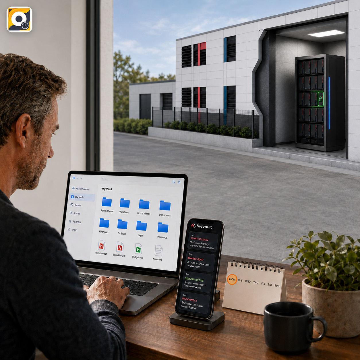 LUV 300GB occasional-use vault: browser file manager, Firevault app session steps, and a secure bunker with a highlighted drive bay