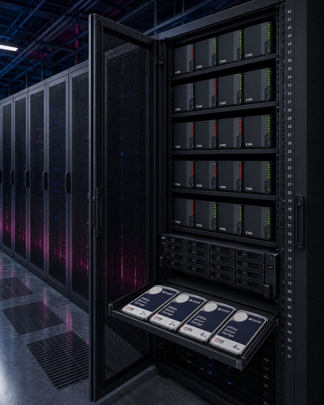 Offline Secure Storage drives on a pull out tray inside a Firevault rack