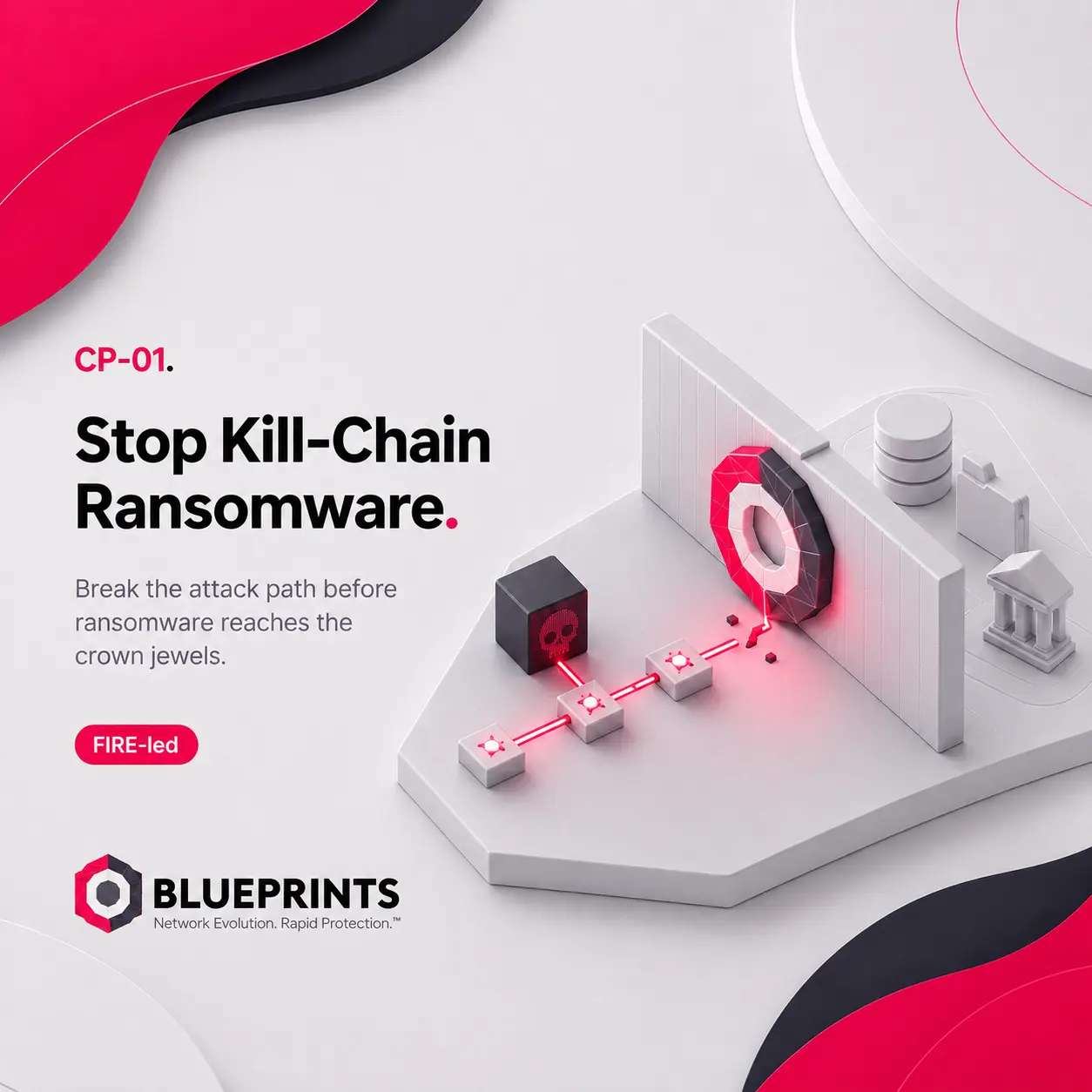 Control Blueprint CP-01, Stop Kill-Chain Ransomware: an isometric diagram of an attack path severed before it reaches protected data
