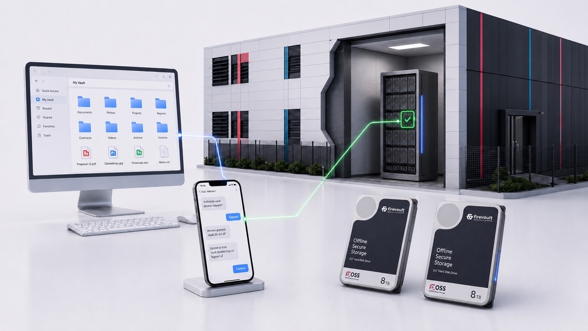 A desktop and phone beside a Firevault Bunker server rack with two Offline Secure Storage drives