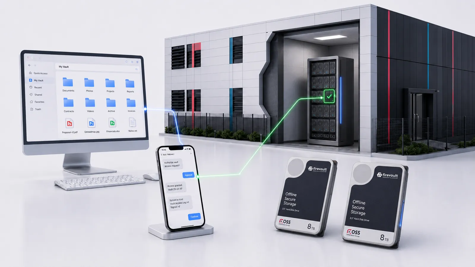 File Manager on a desktop and access approved on a phone, linked to a Vault in a Firevault Bunker