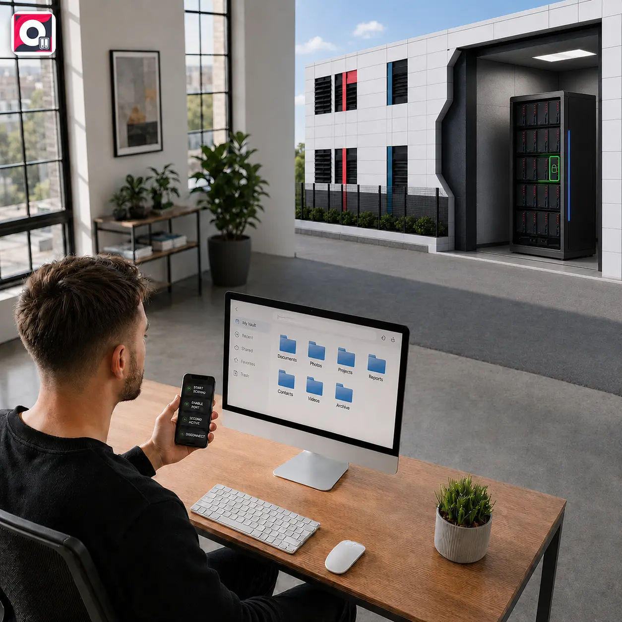 Vault 2TB personal workspace: desktop file manager, Firevault mobile session controls, and a secure bunker with an active drive bay