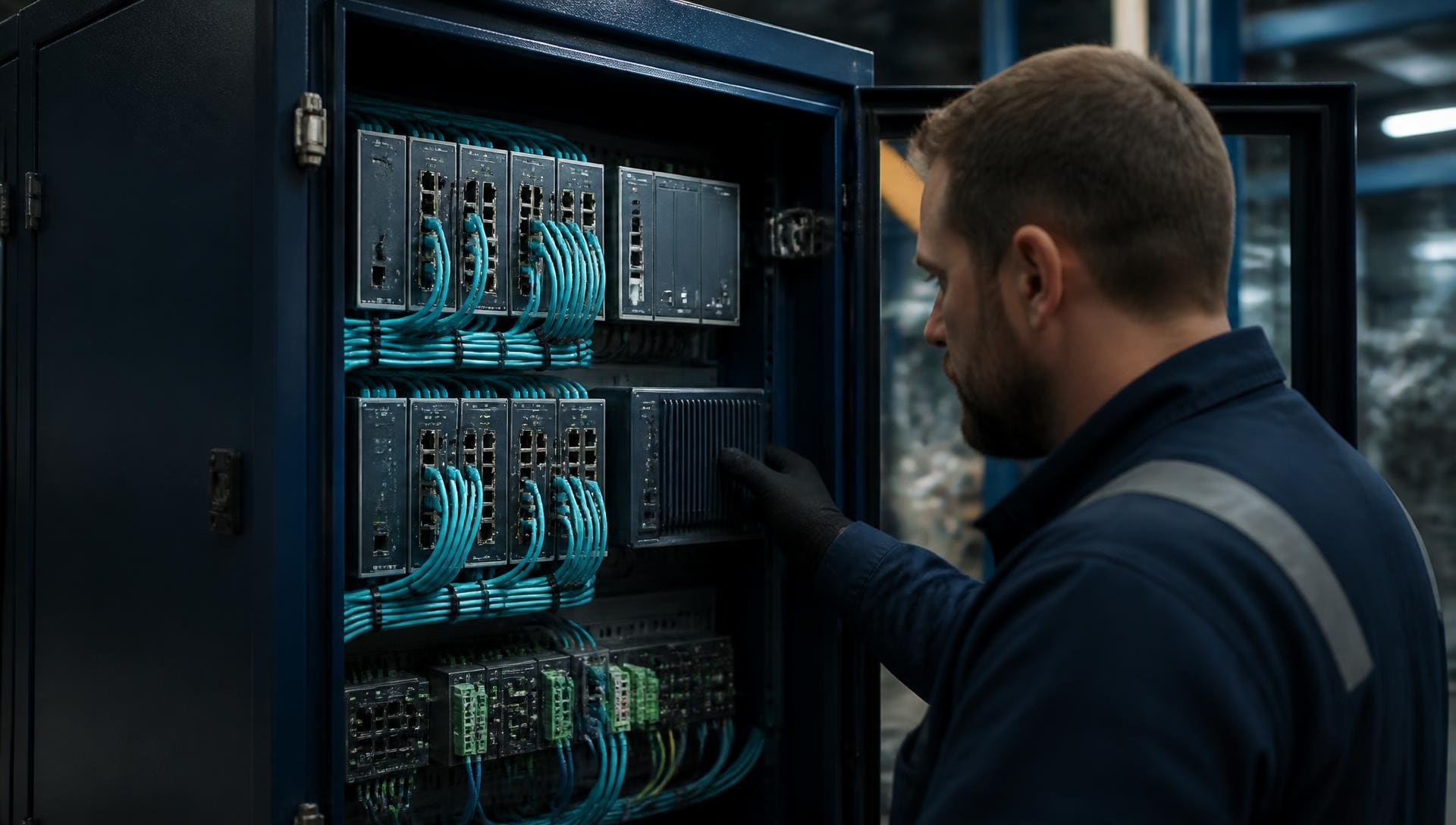 Network switches and patch panels in an industrial control room, representing OT network segmentation