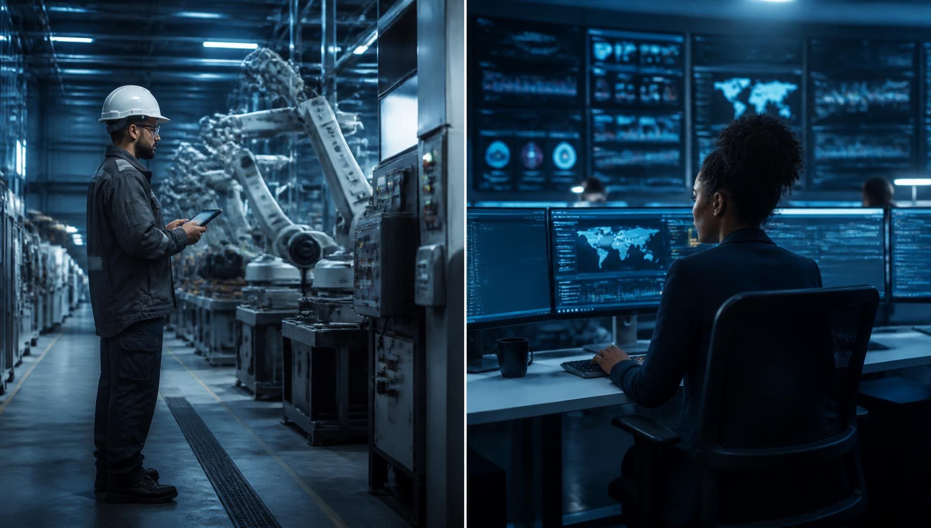 OT versus IT security compared: a plant control room alongside a corporate IT network operations centre