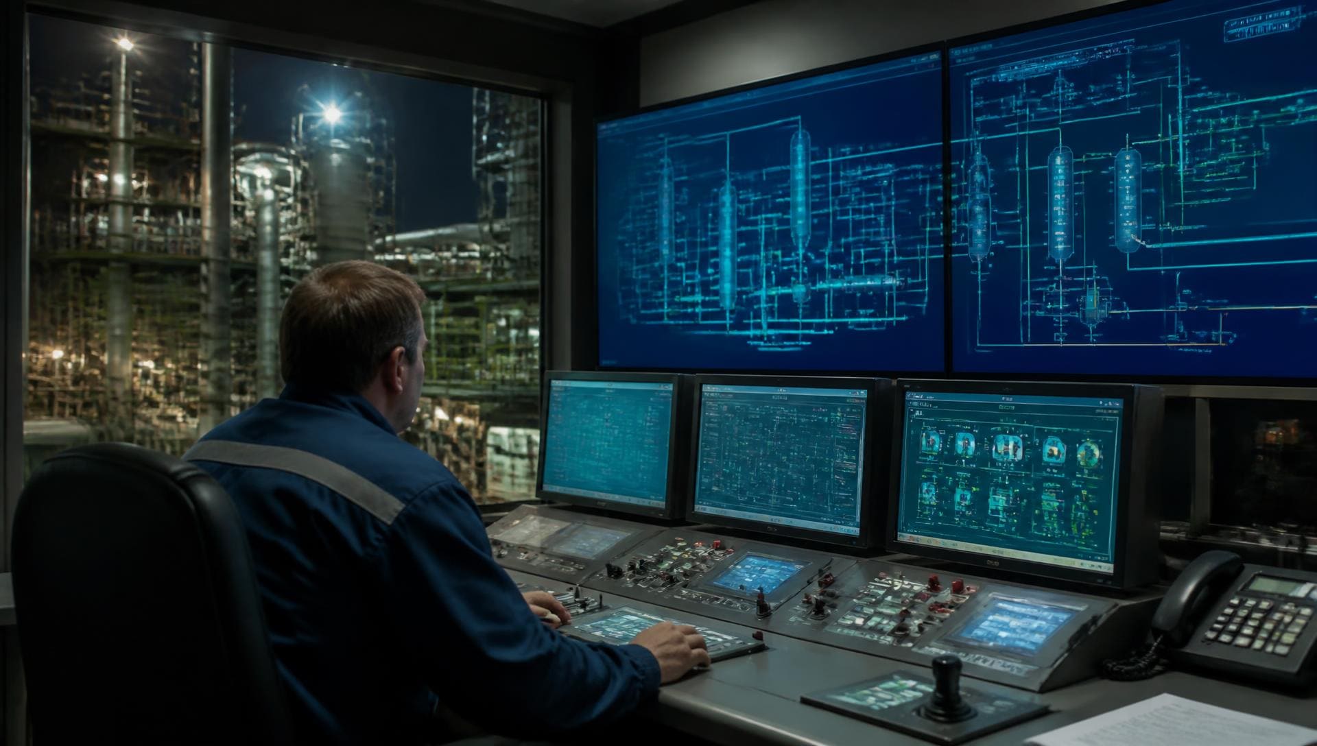 OT security in practice: an industrial control room with SCADA process schematics and operator consoles