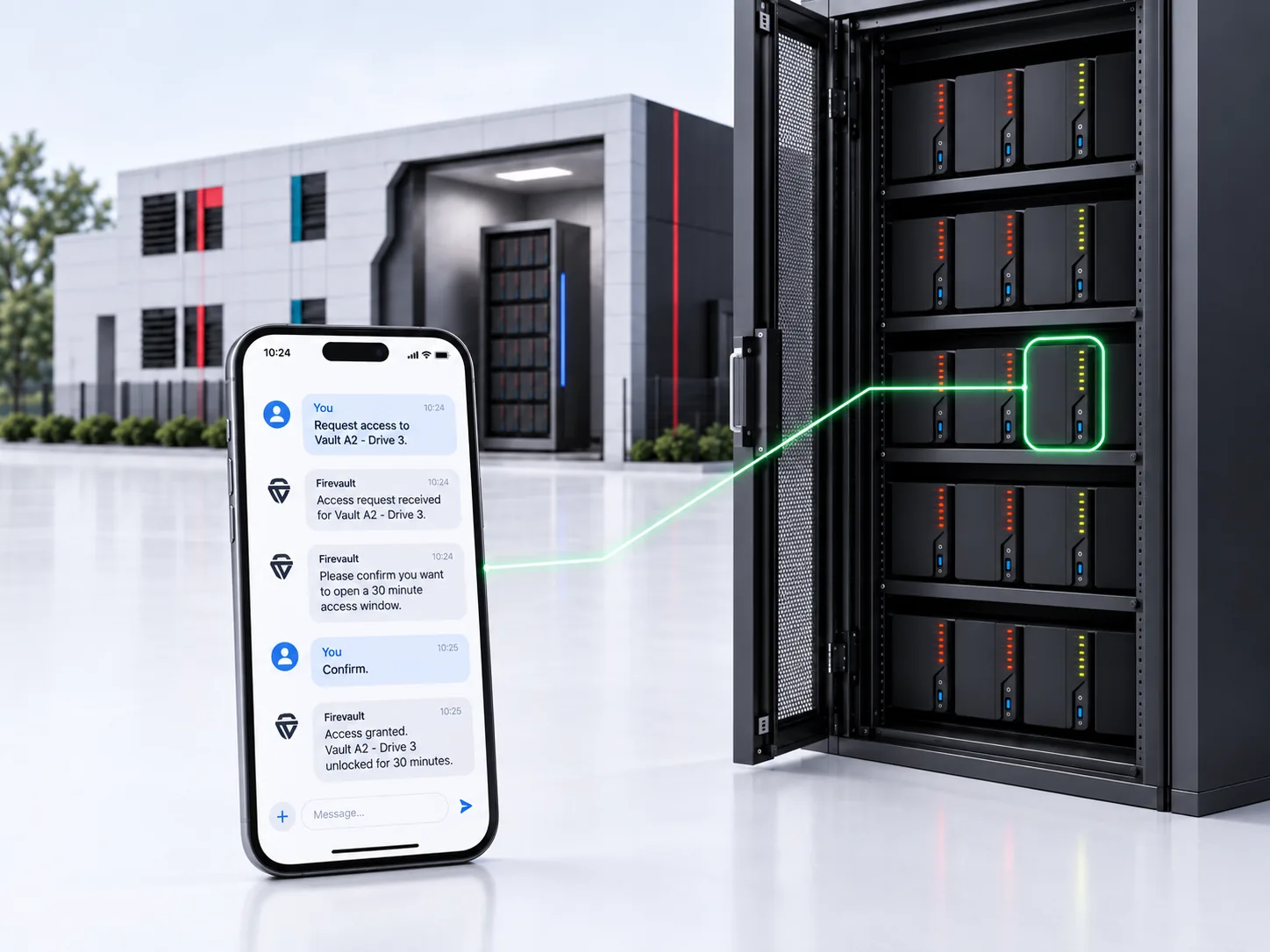 Firevault SMS access request for Vault A2 Drive 3 confirmed on a phone, unlocking the highlighted drive in an open rack at a Firevault Bunker