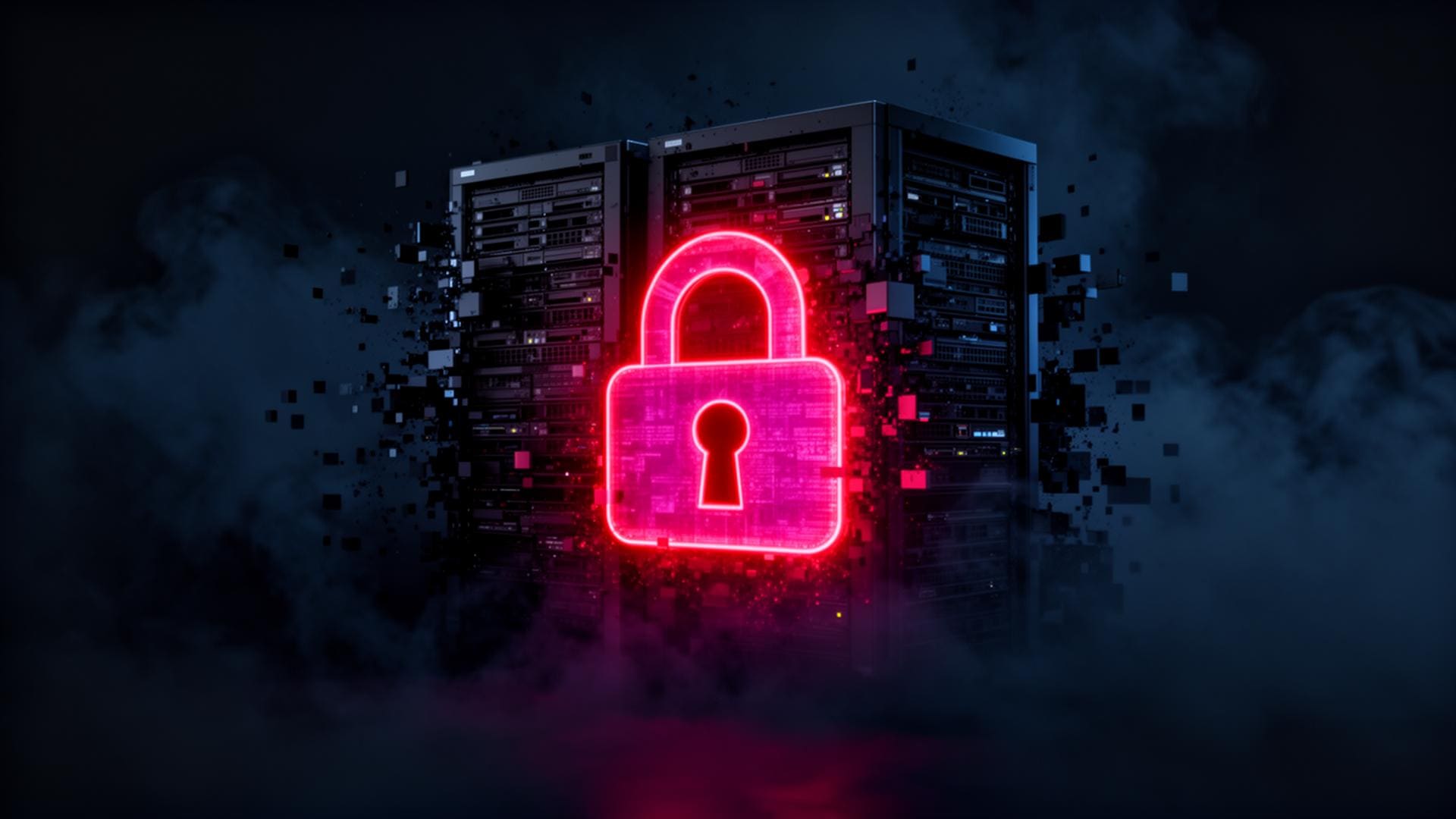 Server rack dissolving behind a glowing magenta padlock