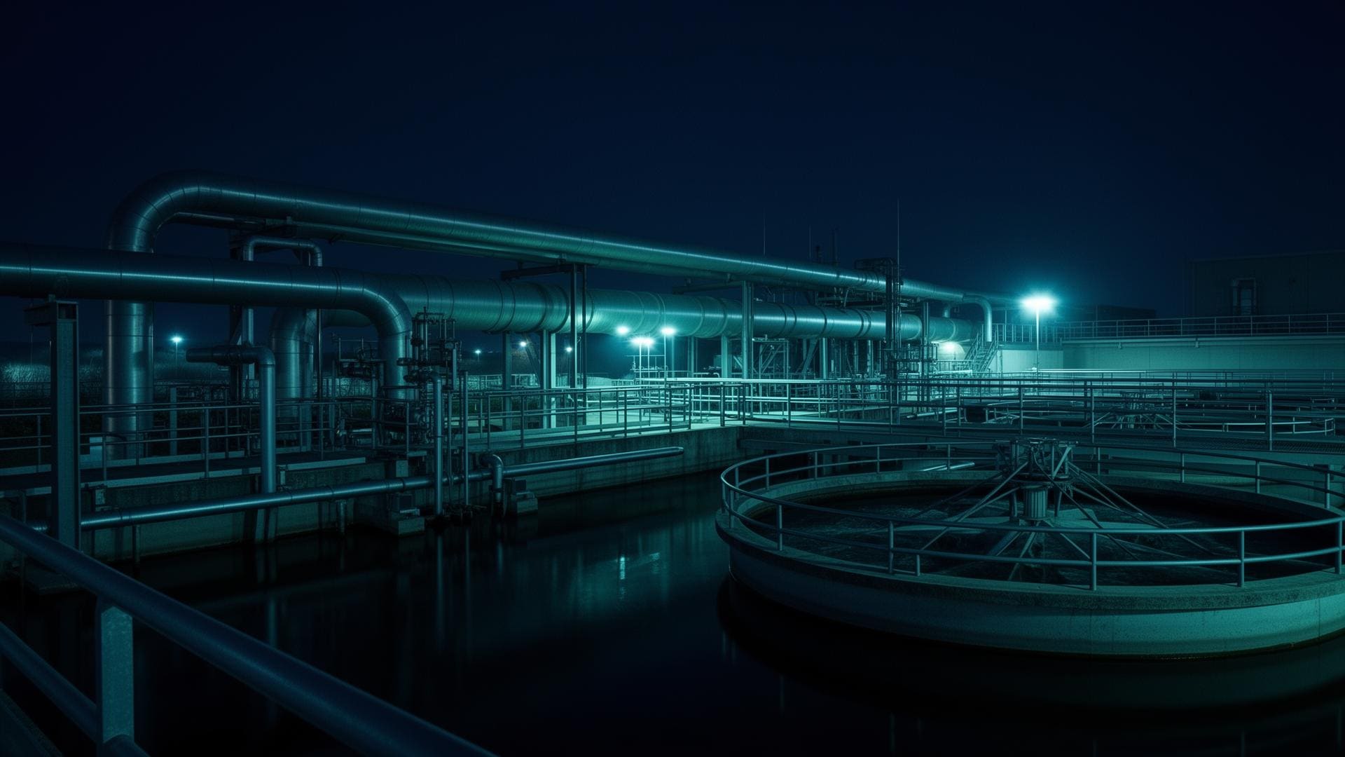 Water treatment facility at night with pipes and aeration tanks