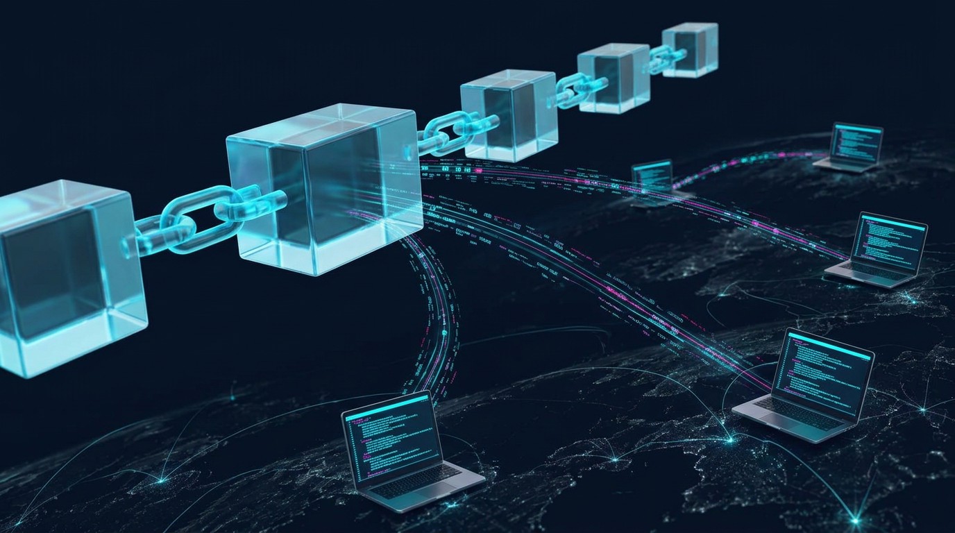 Illustration of a blockchain with a cracked block sending hidden malware instructions to infected laptops, in navy, cyan and magenta