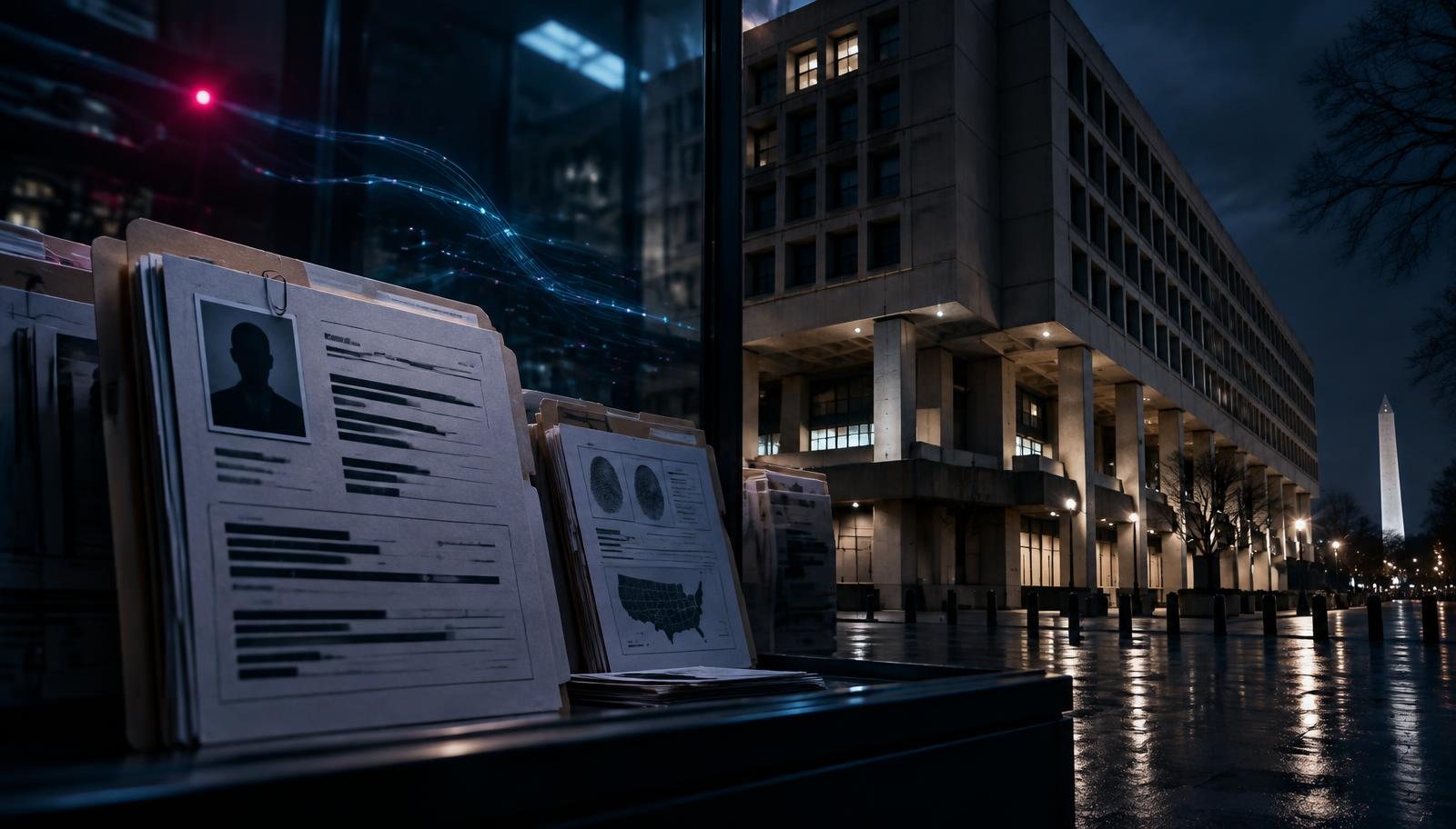 Personnel and applicant dossiers behind glass outside a federal headquarters at night, illustrating the claimed FBI recruitment-system breach