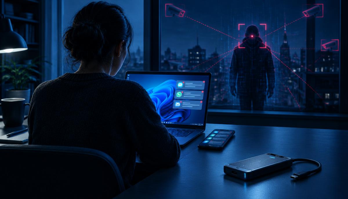 A journalist at a Windows laptop facing a targeted surveillance threat, with physically disconnected secure storage in the foreground